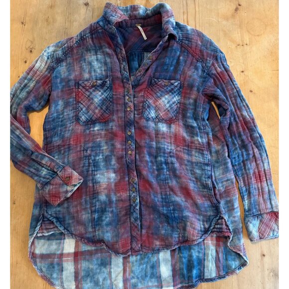 Free People Red Blue Plaid Gauze Button Down Shirt | Size Small - Picture 1 of 11